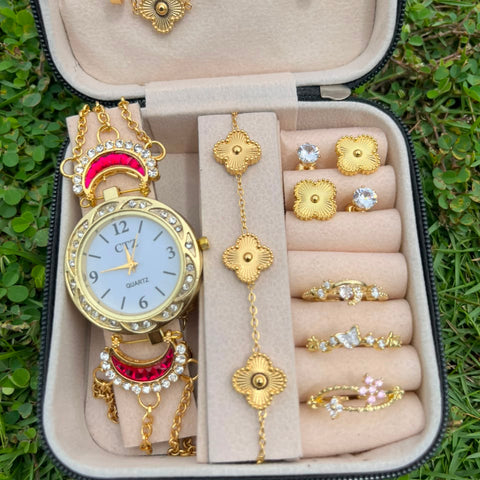 Golden Floral Watch Luxury Jewellery Gift Set