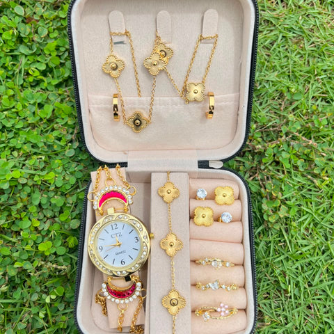Golden Floral Watch Luxury Jewellery Gift Set
